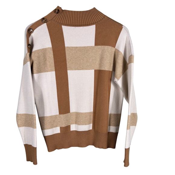 Tahari Women's Size Medium Brown Cream Plaid Button Mock Neck Knit Sweater Shirt - Picture 1 of 9